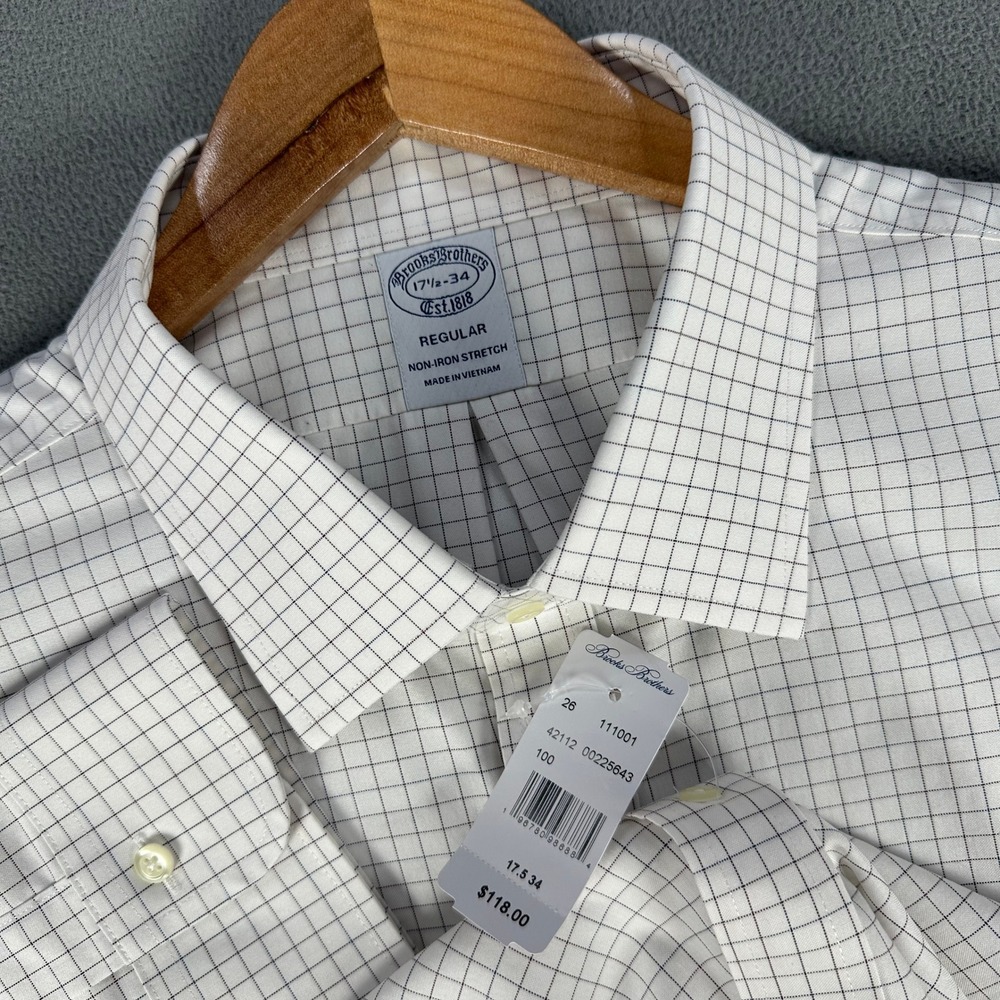 Brooks Brothers Shirt Mens 17.5 White Windowpane Check Regular Stretch New